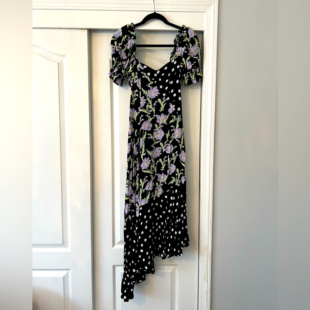 Urban Outfitters Floral & Polka dot maxi dress, puff sleeves, asymmetrical hem